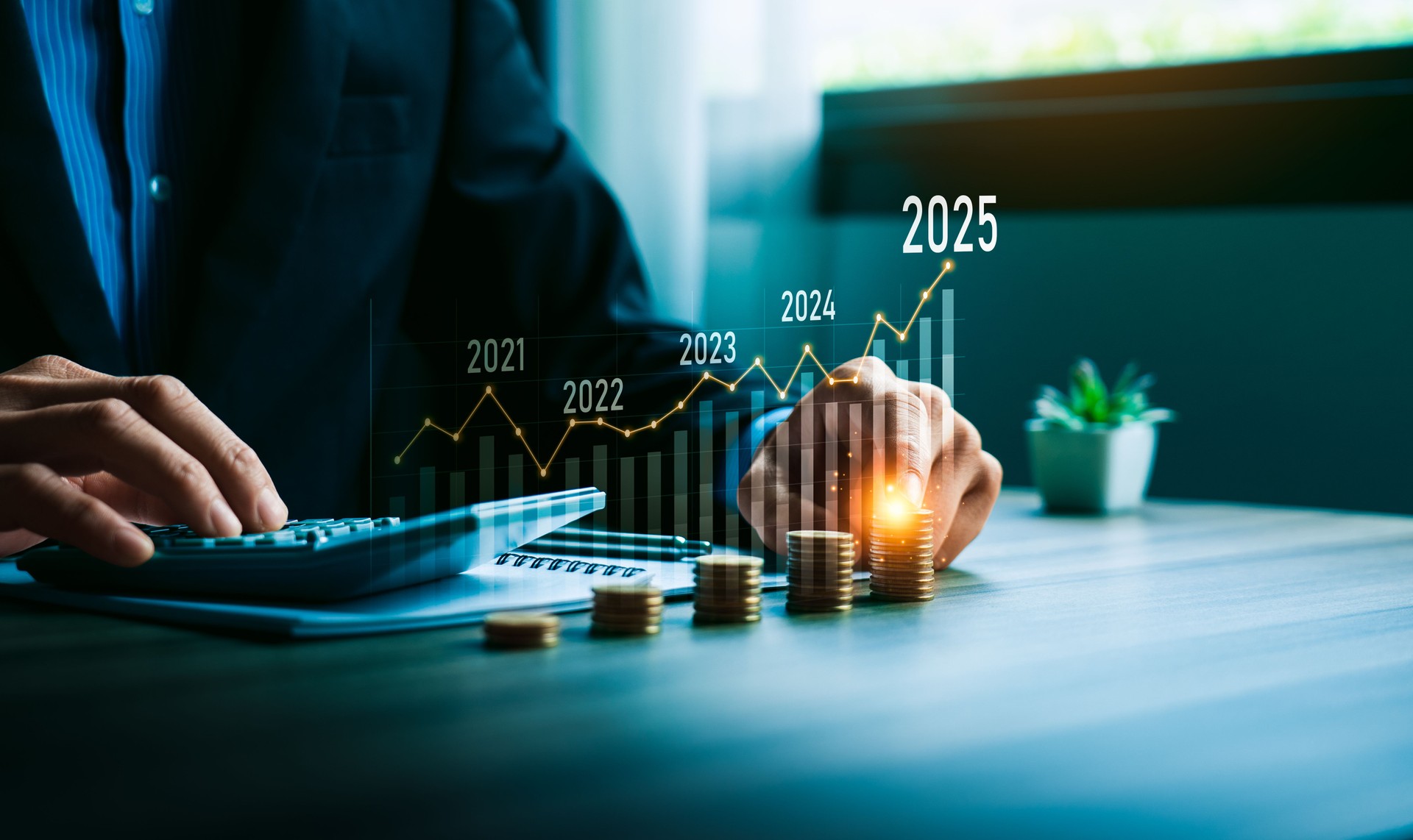 Businessman Calculating Financial Growth from 2025 with Stacked Coins and Graph, Representing Strategic Investment Planning and Future Economic Success, analytical businessperson planning business